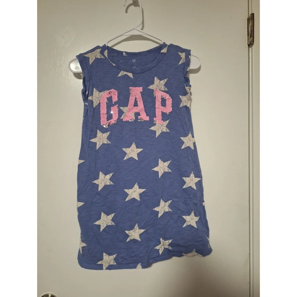 Gap Kids Girls Large L 10 11 Shirt Blue Star Print Pink Sequin Logo Cap Sleeve